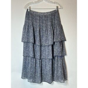 New Kori Blue Ditzy Floral Tiered Midi Skirt Sz M Cottagecore Boho Modest 27x31